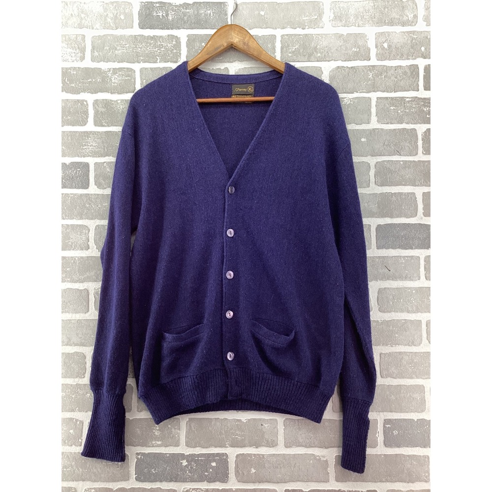 Vintage JCPenney Navy Cardigan Sweater XL 100% Virgin Orlon Acrylic Knit V-Neck